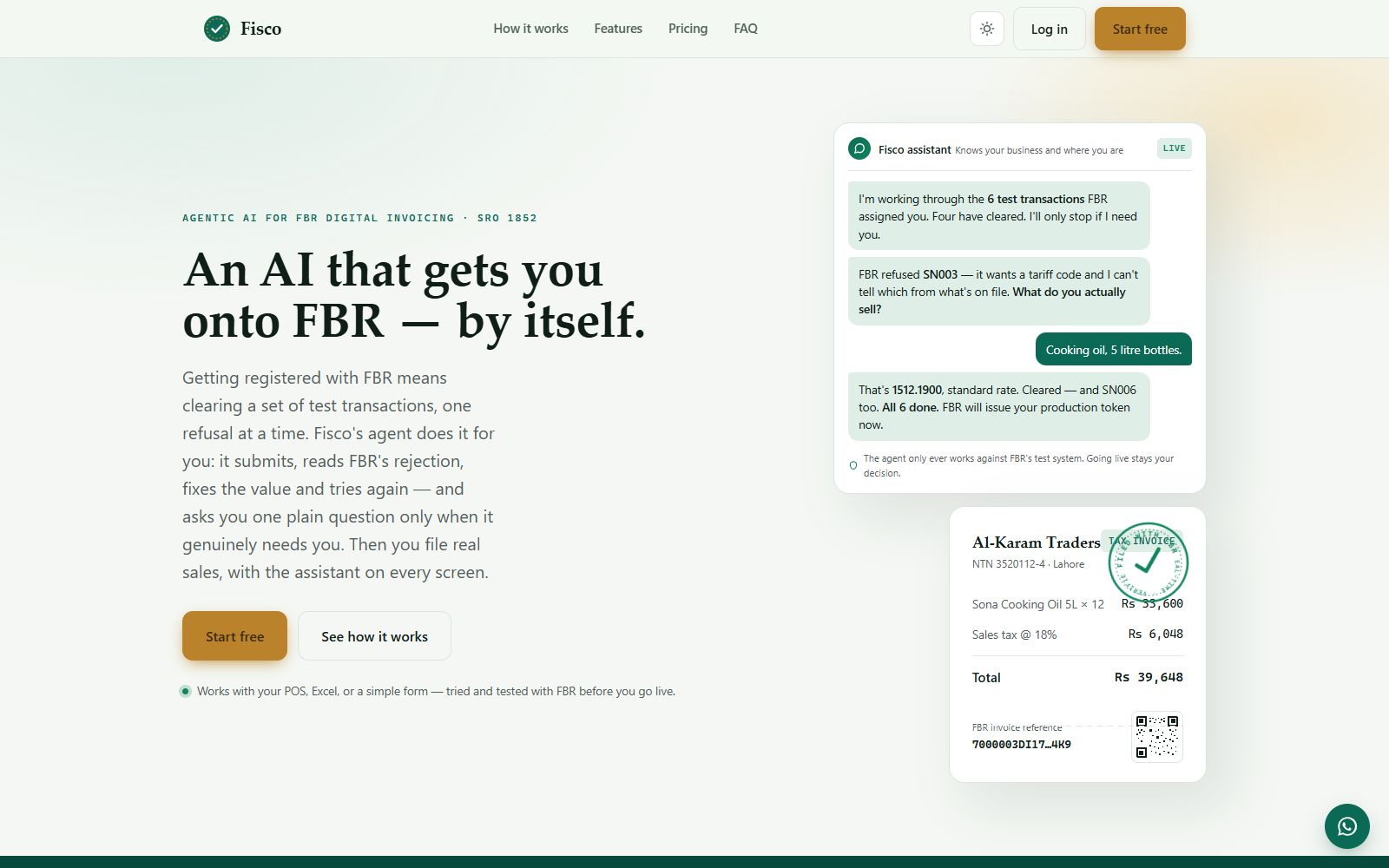 Fisco home page: an AI assistant clearing FBR test transactions beside a filed tax invoice with its IRN and QR code