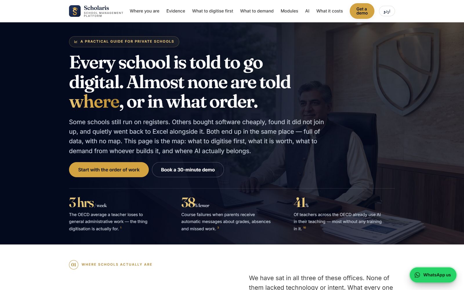 Scholaris home page: a practical guide for private schools on where to digitise first, with cited statistics